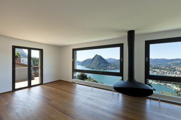 Modern apartment, large living room with panoramic view