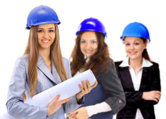 Three women architect team. Isolated on a white