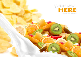 Poster - Milk splash with fruit mix on corn flakes background