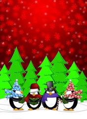 Wall Mural - Penguins Carolers Singing with Red Winter Scene Illustration