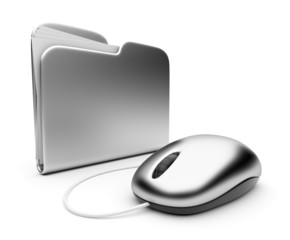 Computer mouse and silver folder.  3D illustration isolated on w