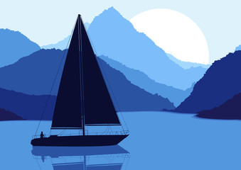 Yacht sailing in wild nature landscape illustration