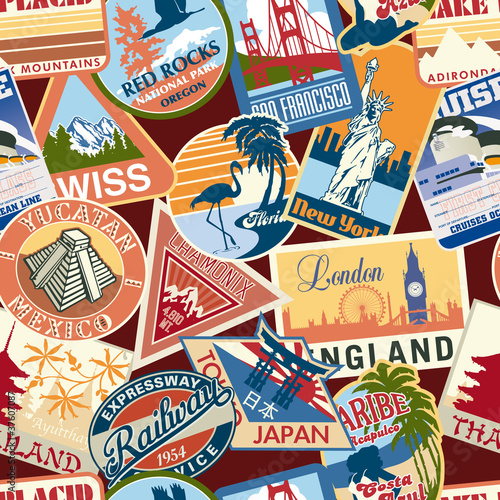 Naklejka - mata magnetyczna na lodówkę Vintage travel stickers seamless pattern