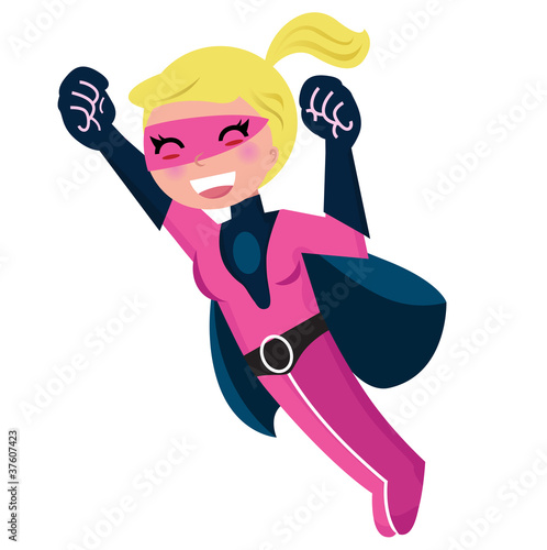 Flying pink cute superhero girl isolated on white Poster