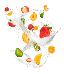 Wall Mural - Mixed fruit in milk splash, isolated on white background
