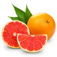 Grapefruit with slice detail on white background