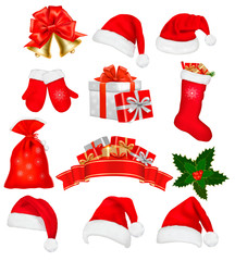 Poster - Big set of red santa hats and clothing. Vector