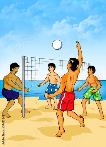 Naklejka samoprzylepna Ilustracja osób grających w siatkówkę plażową