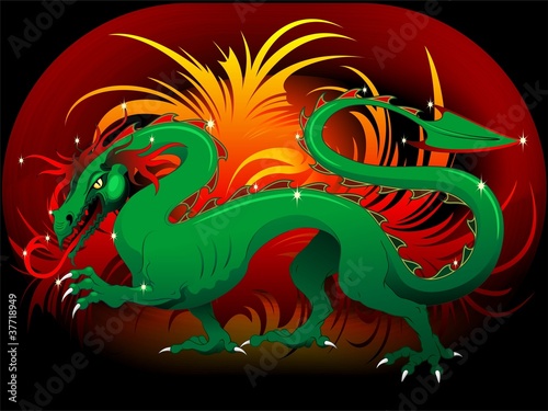 Obraz na płótnie canvas trzyczęściowy "tryptyk" Drago verde cina-2012-green dragon china background-vector