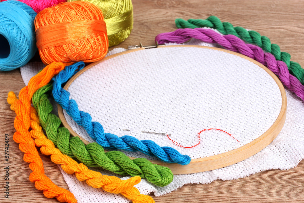 The embroidery hoop with canvas and bright sewing threads for