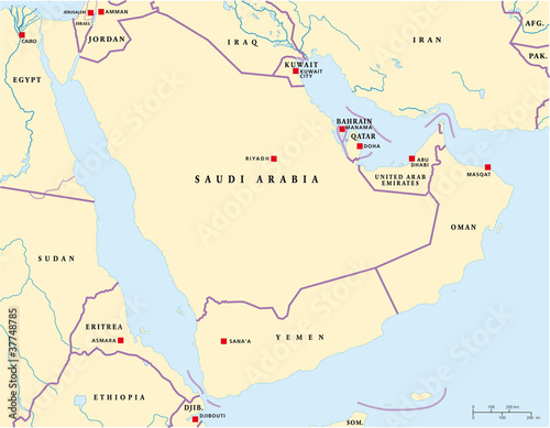 Board z aluminiowym obramowaniem Półwysep arabski mapa polityczna ze stolicami i granicami państwowymi. 