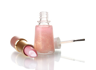 Poster - Pink lipstick and beige nail polish with sparkles isolated