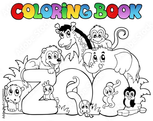 Naklejka na szybę Coloring book zoo sign with animals