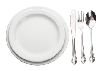 Canvas Print - White empty plate with fork, spoon and knife isolated on white