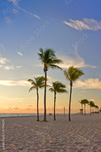 Plakat na papierze fotorealistycznym Wschód słońca w Miami Beach na Florydzie z palmami