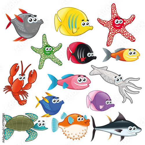 Naklejka na kafelki Family of funny fish. Vector isolated characters.