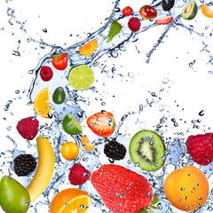 Wall Mural - Fruits falling in water splash, isolated on white background