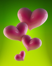4 Pink Hearts On Green