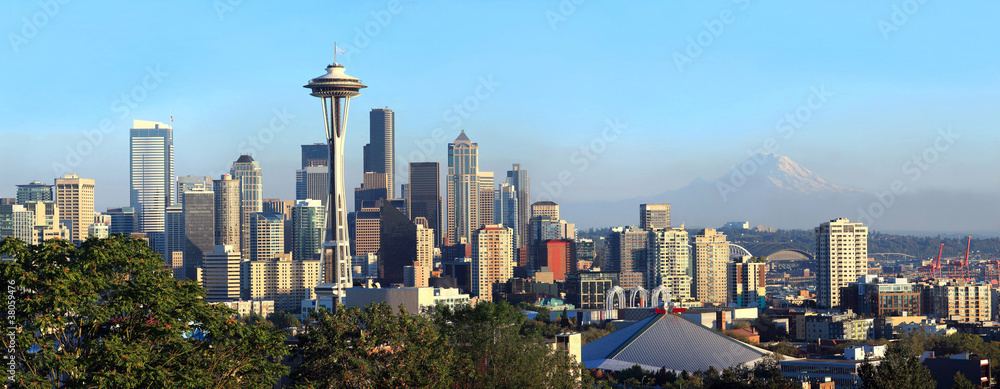 Seattle skyline panorama at sunset. Stock Photo | Adobe Stock