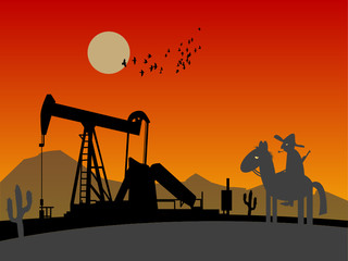 Oil rig silhouettes and lonely rider, vector