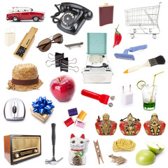 Various objects mixing together on white background.