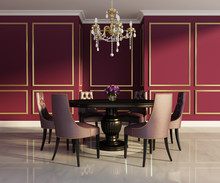 Luxury Chic Dark Red Gold Interior Dining Room, Chandelier