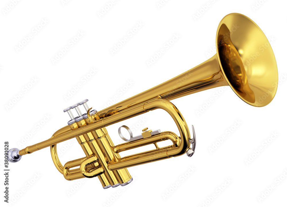 Brass trumpet on white background - obrazy, fototapety, plakaty 