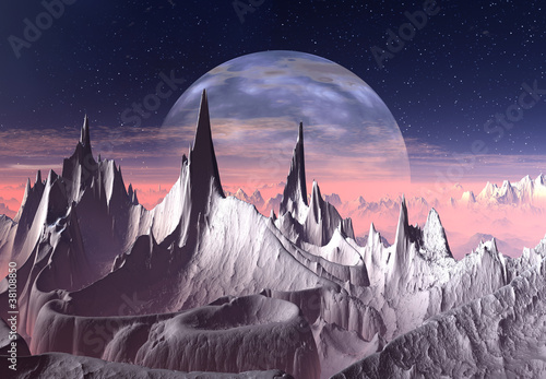 Fototapeta na wymiar Fantasy Landscape with Mountains and a Moon