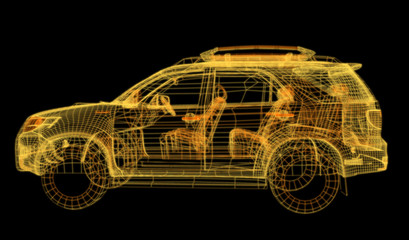 Glowing wireframe of a car 3d model.