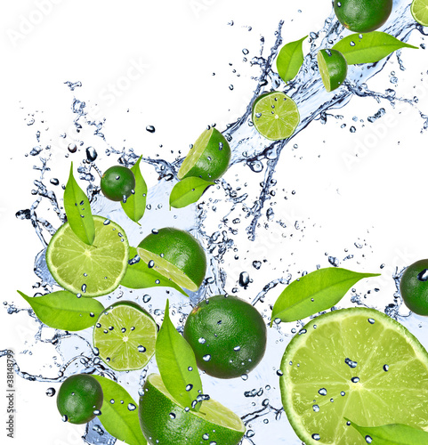 Fotoboard na płycie Limonki wchodz? cych w plusk wody, odizolowane na bia? ym tle