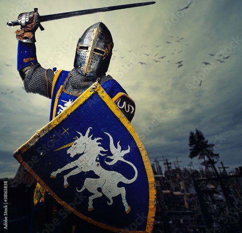 Fotografie, Obraz Medieval knight against hill full of crosses.