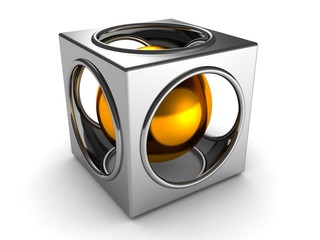 abstract silver cube and golden ball inside