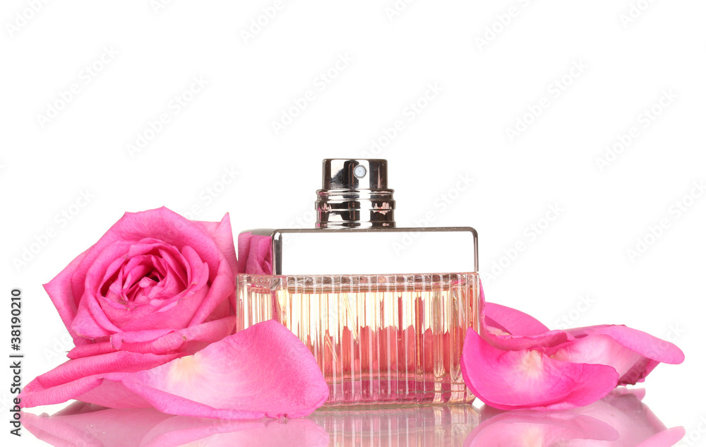 perfume in a beautiful bottle, petals and pink rose isolated