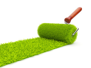 Wall Mural - Green paint of grass. Roller isolated on white background. 3D il