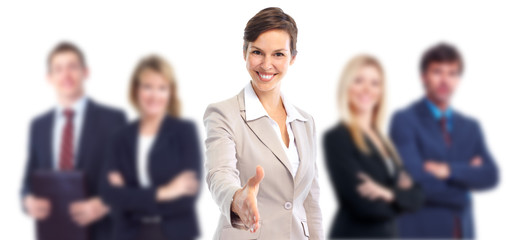 Sticker - Business woman with handshake. Teamwork.