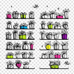 Wall Mural - Gift boxes on shelves, sketch drawing for your design