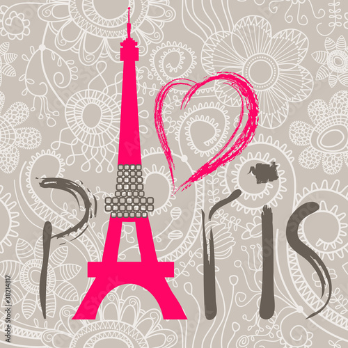 Fototapeta na wymiar Paris lettering over lace seamless pattern