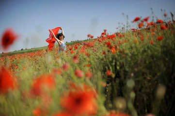 Sticker - Girl running in poppies with red cloth