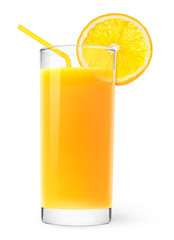 Poster - Isolated drink. Glass of orange juice with slice of orange fruit and straw isolated on white background