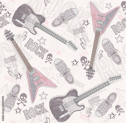 Naklejka - mata magnetyczna na lodówkę Cute grunge abstract pattern. Seamless pattern with guitars, sho