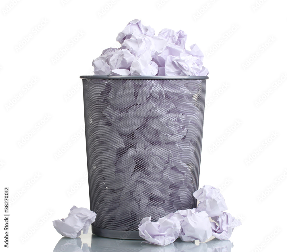 Metal trash bin from paper isolated on white