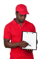 Canvas Print - Worker courier with red uniform