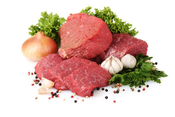 Wall Mural - raw meat, vegetables and spices isolated on white