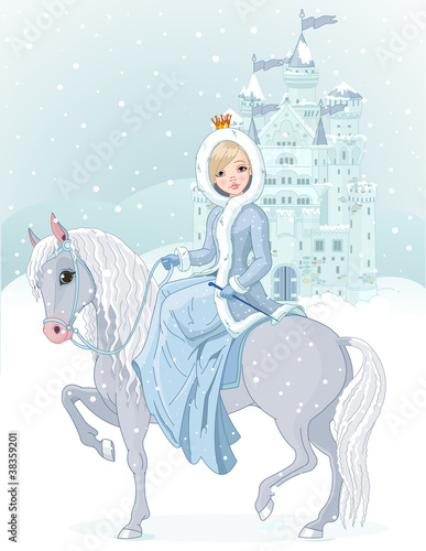 Fototapeta na wymiar Princess riding horse at winter
