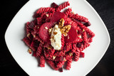 Fototapeta Londyn - Pasta with Red Beets, Gorgonzola Cheese and Walnuts