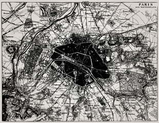 historical map of paris, france.