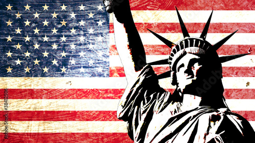 Plakat na papierze fotorealistycznym Flaga usa statua wolności