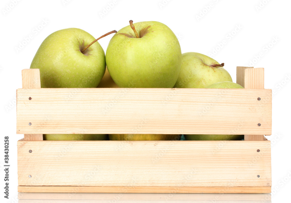 juicy green apples in a wooden crate isolated on white