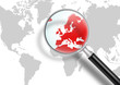 © orbcat - Weltkarte, Lupe, Europa, Krise, rot, Eurokrise, Suchen, Lösungen