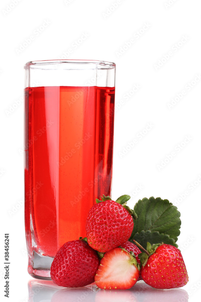 Fresh strawberry and juice glass isolated on white